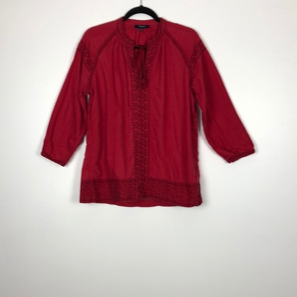 Madewell red pullover 3/4 sleeve tie V Neck embroidered design top Size Medium - Picture 1 of 8